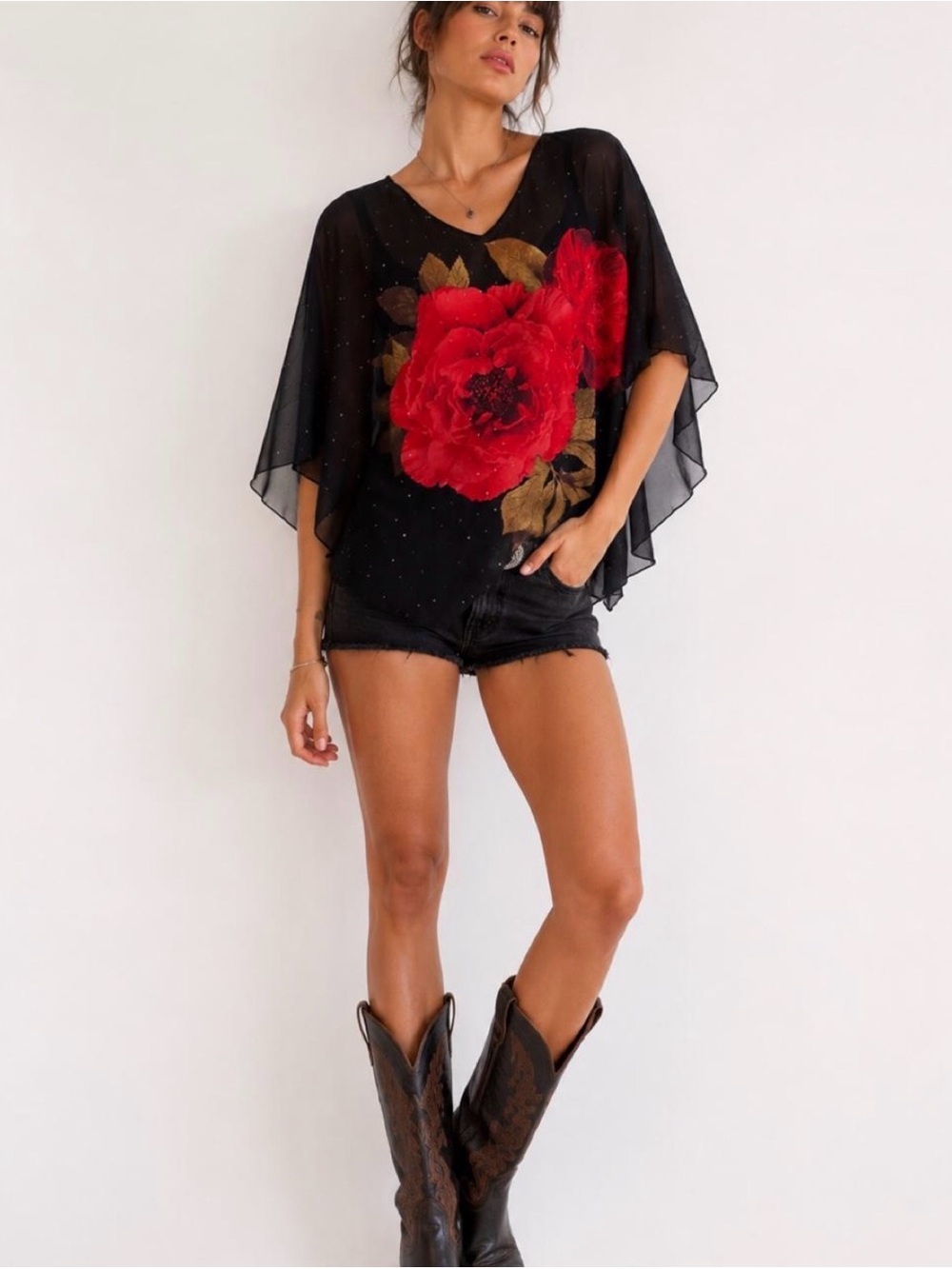 DressBarn Black Sheer Cape Top Red Rose Floral Blouse Y2K Small